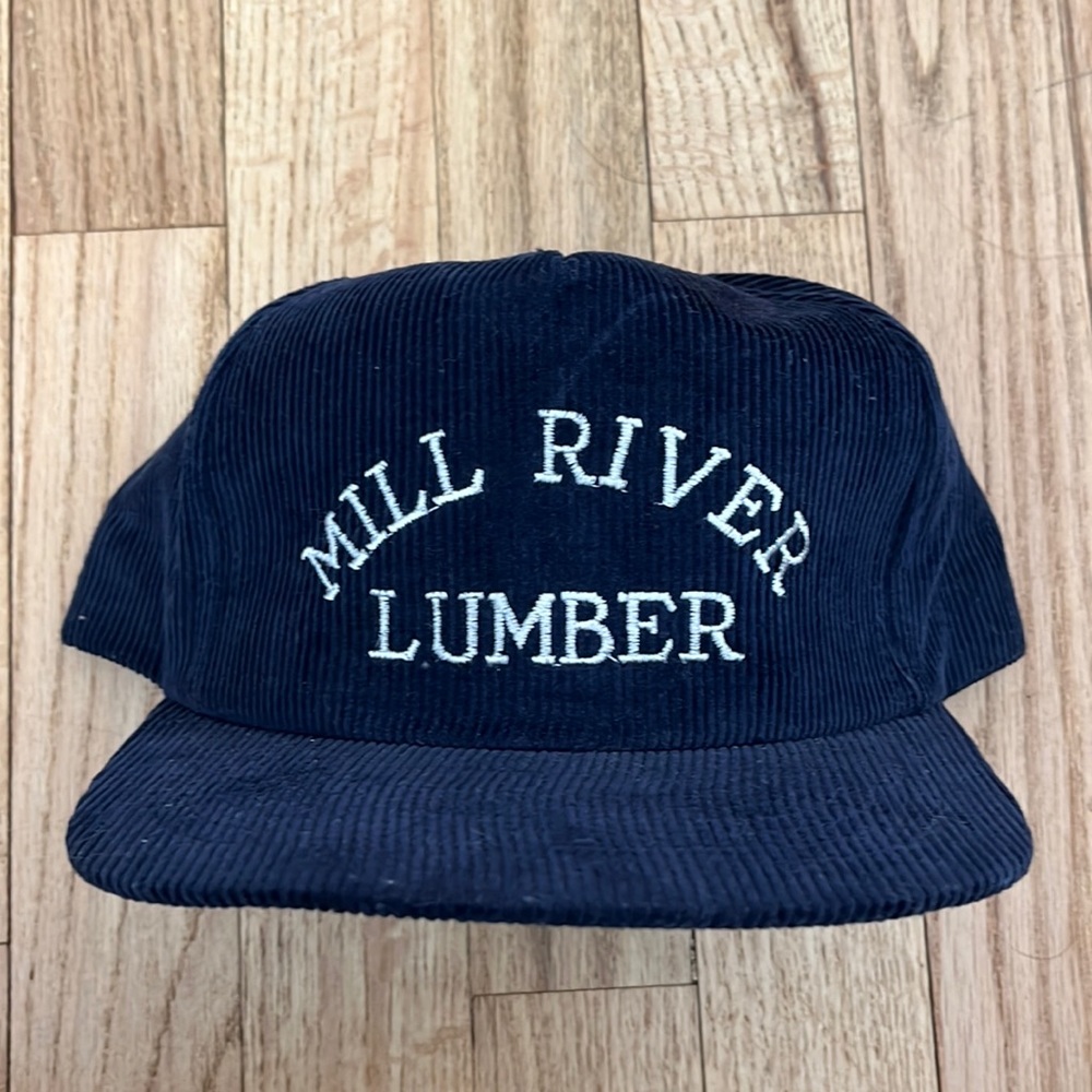 Vintage 80s 90s Corduroy Mill River Lumber Navy Hat
